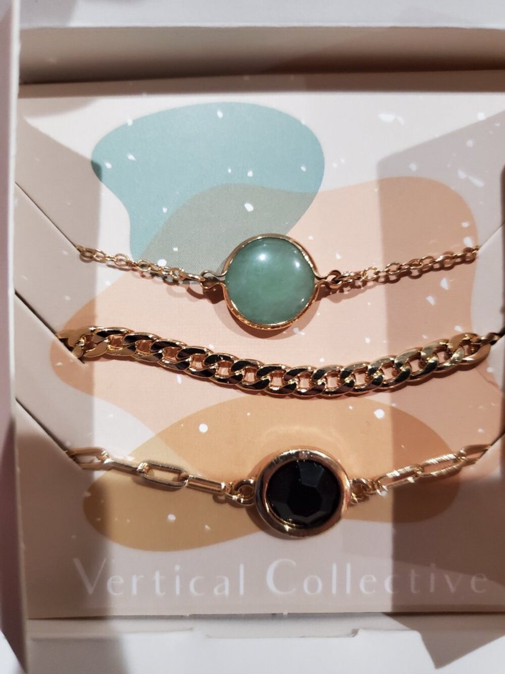 Vertical Collective Set of 3 Gold Tone Bracelets Green Stone Black Crystal-NEW